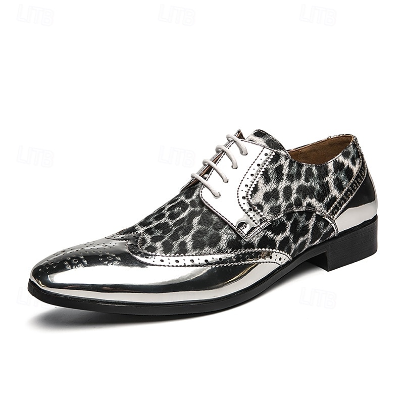 scarpe oxford da uomo con stampa leopardata dorata – design audace in vernice con dettagli brogue per feste e spettacoli teatrali del 2025 a $54.99 –P1