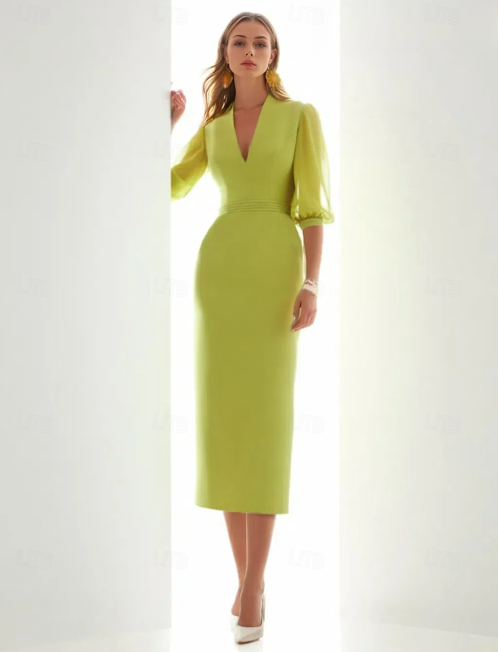 Robe Cocktail Fourreau  Col Mariage Plage Élégante Robe Formelle Mi-Longue Manches Mi-Longues Décolleté en V Poche Chiffon avec Fronces Robes de 2025 ? $143.99 –P1