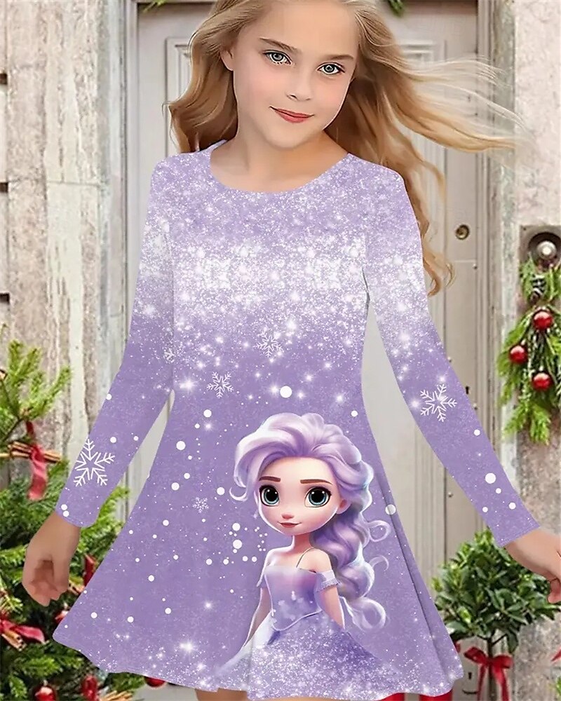 Tyttöjen 3D Kuvitettu Piirretty Lumihiutale Mekko Pitkähihainen Kesä Kevät Loma Päivittäin Pyhäpäivä Prinsessa Kaunis Makea Lapset 4-12 vuotta Rento mekko A linjainen mekko Polvipituinen Normaali 2025 - $16.99 –P6