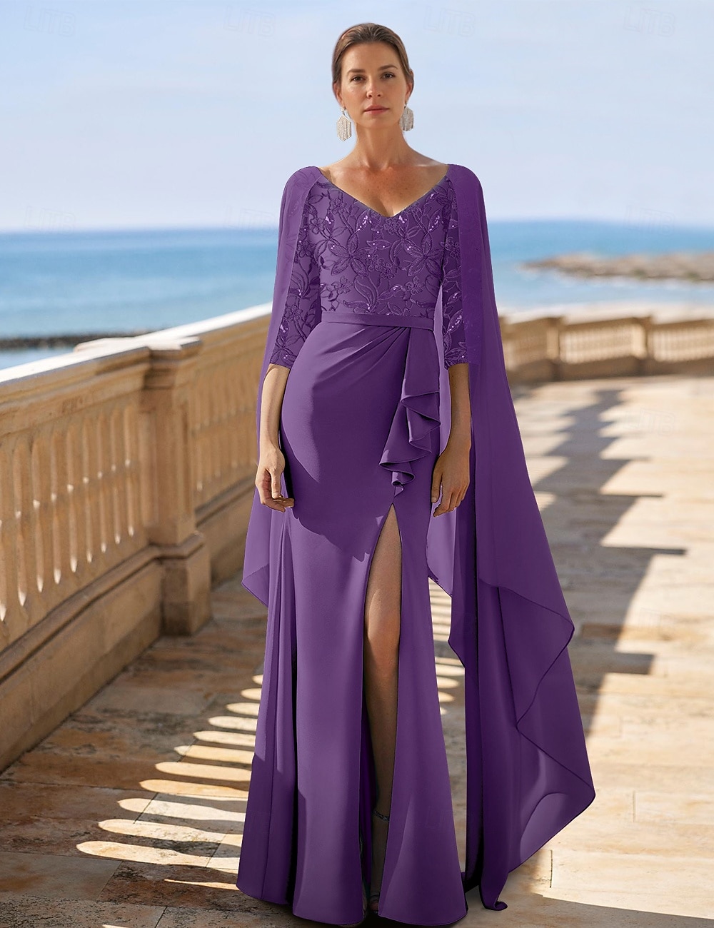 Grønn Kjole  Kolonne Blomster Elegant Kveldskjole Strand Bryllup Høy Splitt V-Hals Gulvlengde Chiffon 3/4 Lengde Ermer med Blonde Solid Farge 2025 - $141.99 –P4