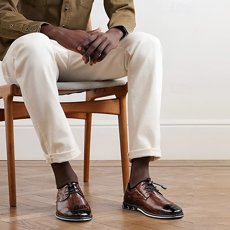 Men's Brown Crocodile Pattern Faux Leather Dress Shoes with Lace-Up Closure and Comfortable Sole, Elegant for Business and Formal Occasions 2025 - $46.99 –P2