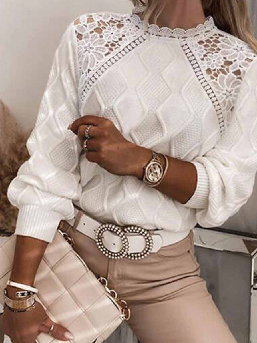 Women's Lace Splicing Top Plain Fashion Modern Casual Long Sleeve Turtleneck Regular Tops Daily Weekend Lace Patchwork White Blue Spring Fall 2025 - $41.99 –P2