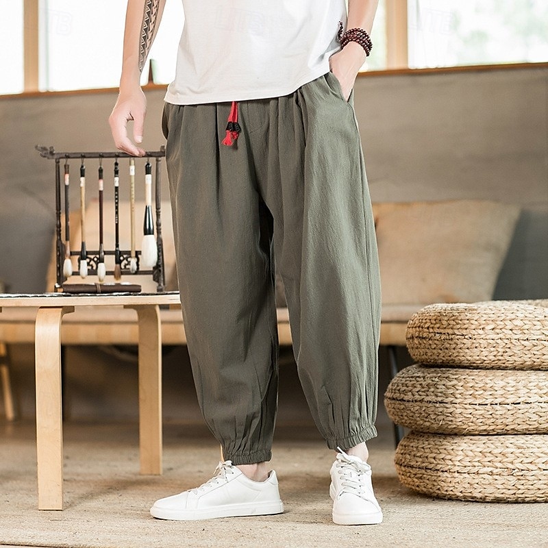 Herr Joggare Linne Byxor Långbyxor Säckiga byxor Harem byxor Ficka Snörning Elastisk midja Slät Komfort Andningsfunktion Fullängd Hem Ledigt Dagligen Sport Mode Svart Grön 2025 - $20.99 –P1