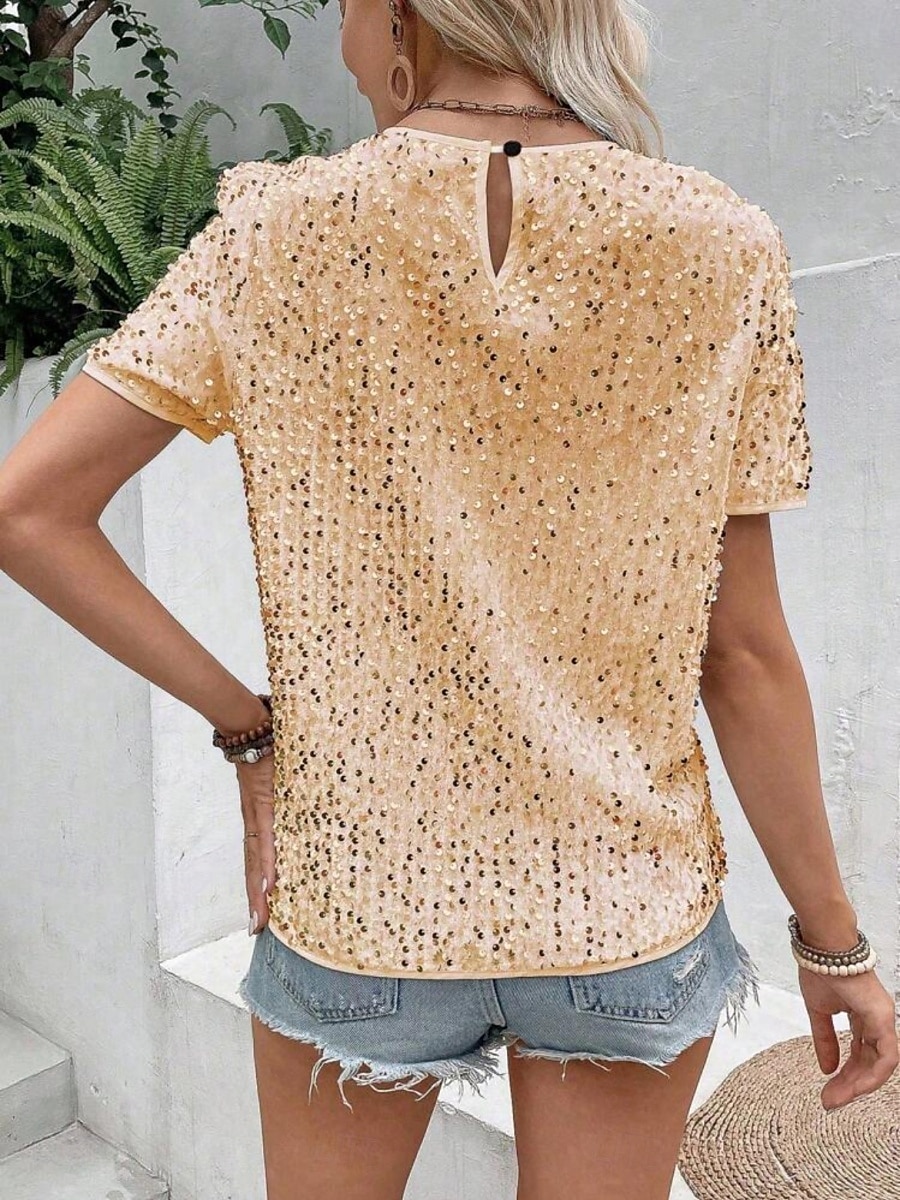 Dame Paljetter Glitrende Party Glimmer عادي Mote Moderne Fritid Kortermet Crew-hals Vanlige topper Daglig Helg Paljetter Svart Rosa Gull Sommer Vår 2025 - $32.99 –P3