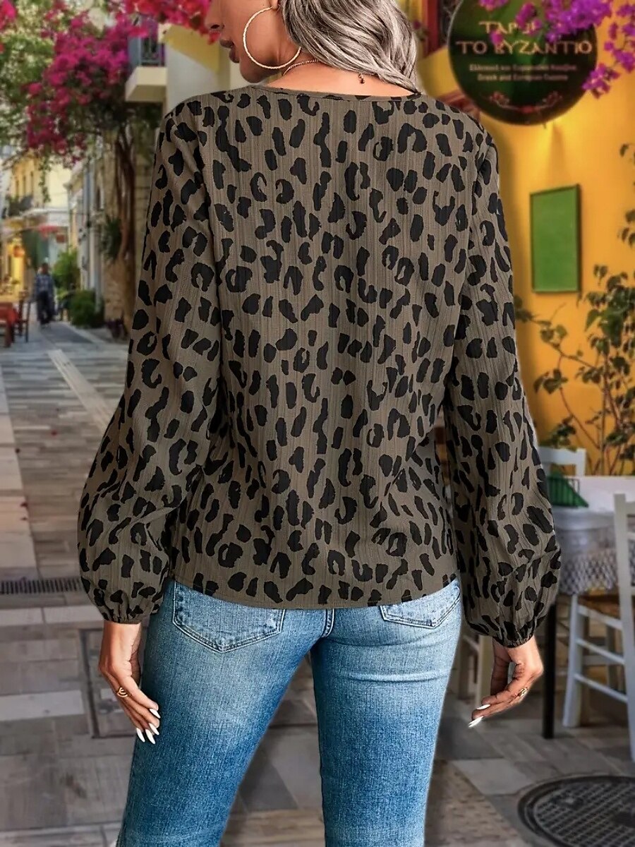 Dame Skjorte Bluse Leopard Fritid Langermet V-hals Vanlige topper Daglig Trykt mønster Svart Hvit Grønn Høst Vinter 2025 - $26.99 –P3