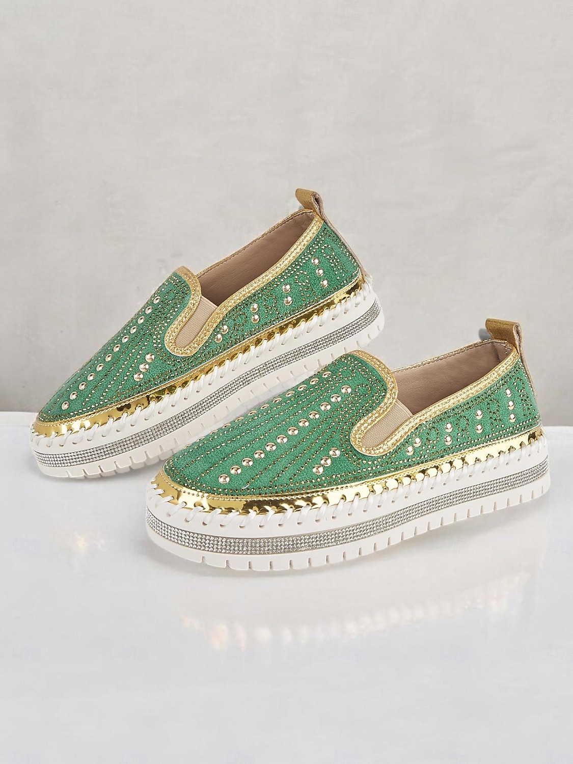 Grüne Slip-On-Sneakers mit Strasssteinen und dicker Sohle für Damen – glamouröse Freizeitschuhe für Partys und den Alltag 2025 - $42.99 –P2