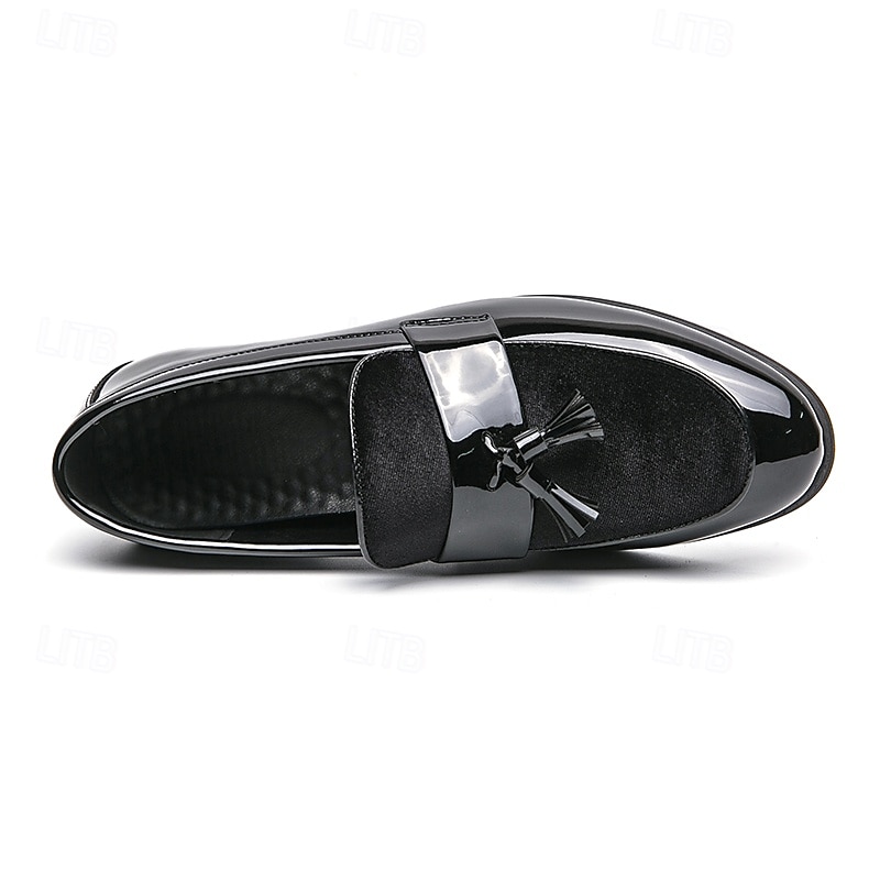 Men's Black Patent Faux Leather Tassel Loafers – Velvet Accent Slip-On Dress Shoes for Wedding and Formal Wear 2025 - $46.99 –P6