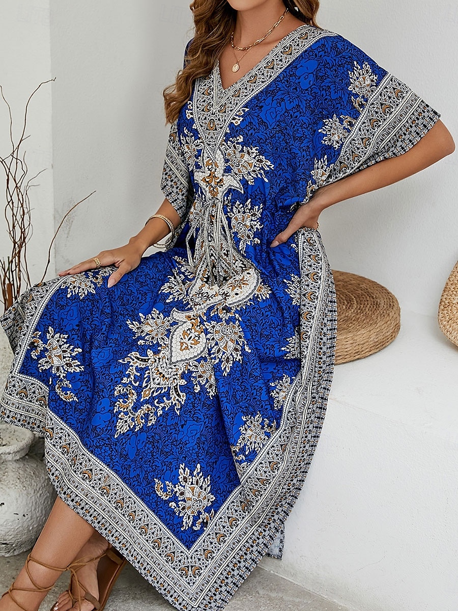 Dam Maxiklänning Vardagsklänning Boho Chic klänningar Boho-klänning bohemliv söt stil Stylish Semester Dagligen Strand Lös passning Grafisk Kortärmad V-hals Rubinrött Blå Sommar Vår Höst 2025 - $38.99 –P11