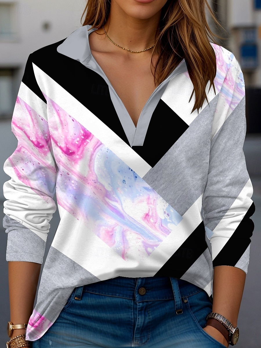 Mujer Camiseta Ombre Geometría Casual Manga Larga Cuello con muescas. Tops regulares Diario Estampado Gris Primavera Otoño 2025 - GBP £21 –P2