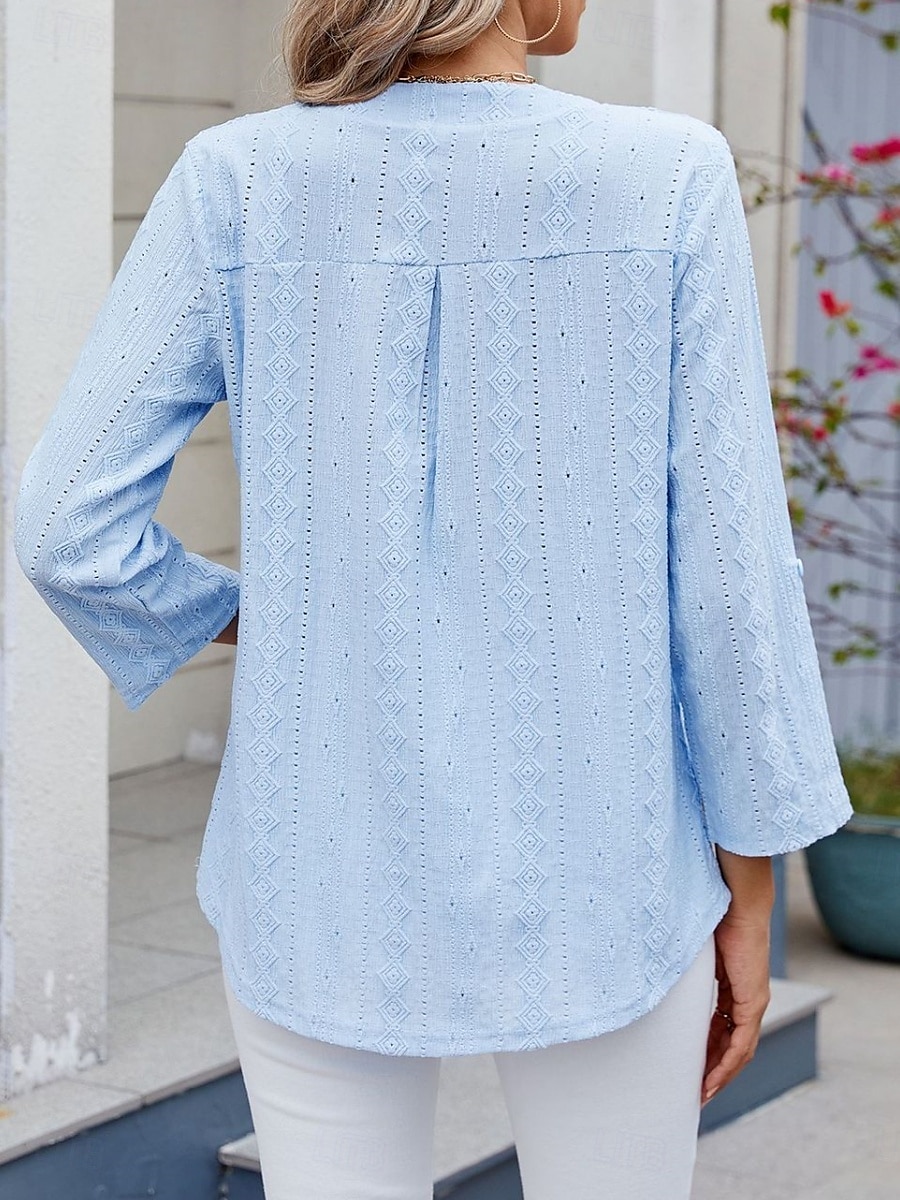 Damen Hemd Bluse Feste Farbe Basic Brautkleider schlicht Langarm V Ausschnitt Normale Oberteile Täglich Öse Schwarz Weiß Blau Frühling Herbst 2025 - $27.99 –P2