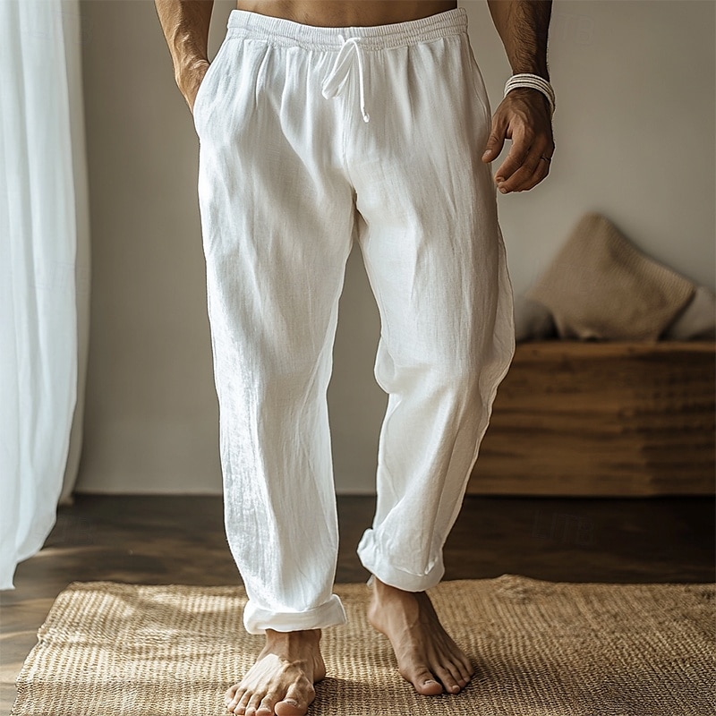 Pánské Plátěné kalhoty Kalhoty Letní kalhoty Gázové kalhoty Šňůrky Elastický pas Straight-Leg Bez vzoru Pohodlné Prodyšné Plná délka Domů Ležérní Denní Módní Klasický styl Černá Bílá 2025 - $22.99 –P1