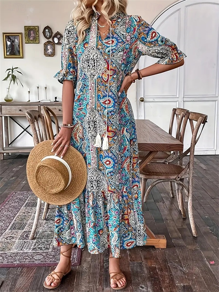 Women's Maxi Dress Casual Dress Boho Dress Cute Stylish Casual Vacation Daily Loose Fit Graphic 3/4 Length Sleeve V Neck Red Blue Orange Summer Spring Fall 2026 - $31.99 –P11