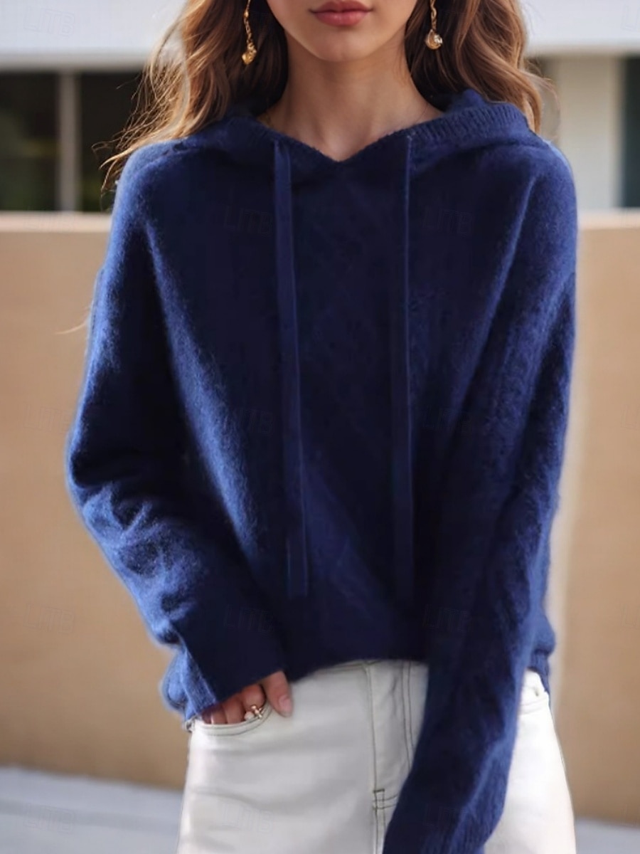 Women's Sweater Casual Soft Pure Color Ribbed Hooded Knitted Long Sleeve Regular Tops Knit Outdoor Daily Weekend White Navy Blue Fall Winter 2025 - $47.99 –P1