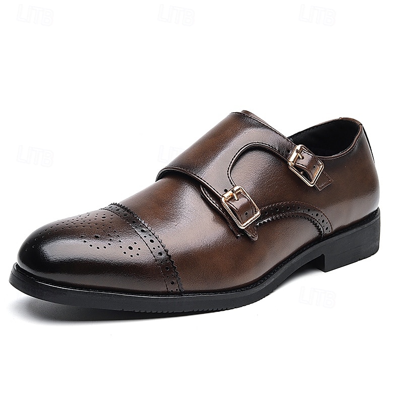 Men's Brown Faux Leather Double Monk Strap Dress Shoes with Brogue Detailing, Classic Style for Wedding, Formal and Business Wear 2025 - $54.99 –P2