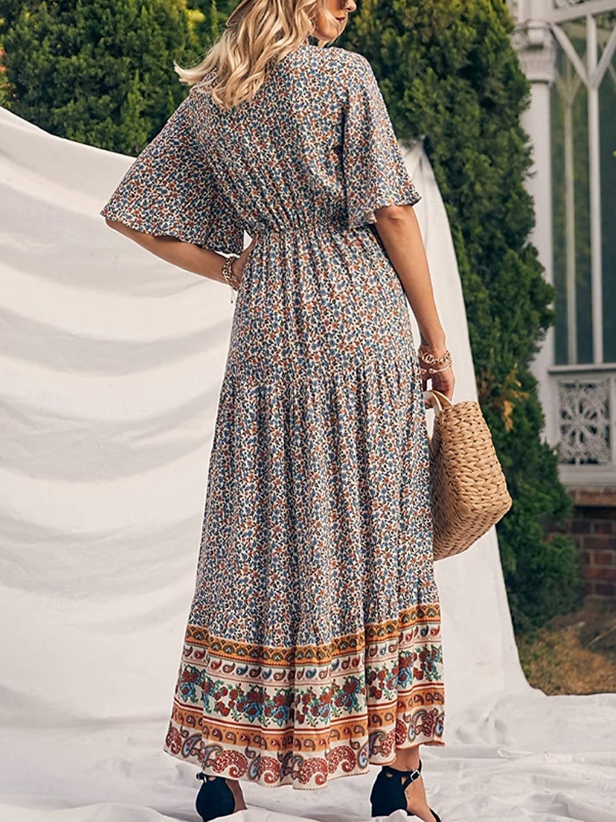 Dámské Maxi šaty Volnočasové šaty Swingové šaty Áčkové šaty Boho šaty Na běžné nošení Denní Běžný Květinový Poloviční rukáv Do V Žlutá Rubínově červená Vodní modrá Léto Jaro Podzim 2025 - $33.99 –P6