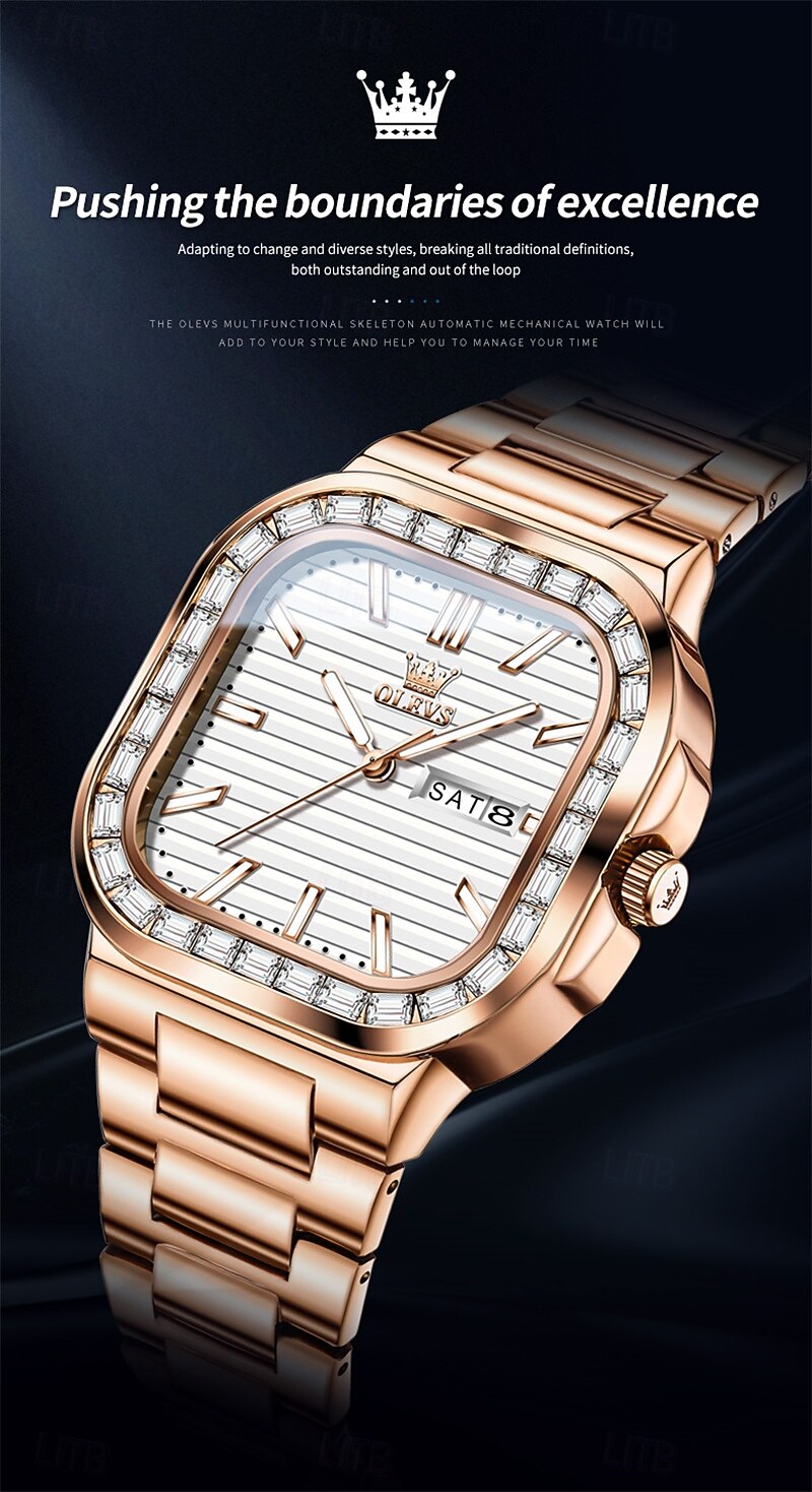 OLEVS miesten tankokello minimalistinen timanttikello muotipuku analoginen kvartsikello miesten kellot suorakulmainen vedenkestävä ruostumaton teräs hohtava päivämääräkello Valentinsdaglahja miehille 2026 - $41.99 –P2