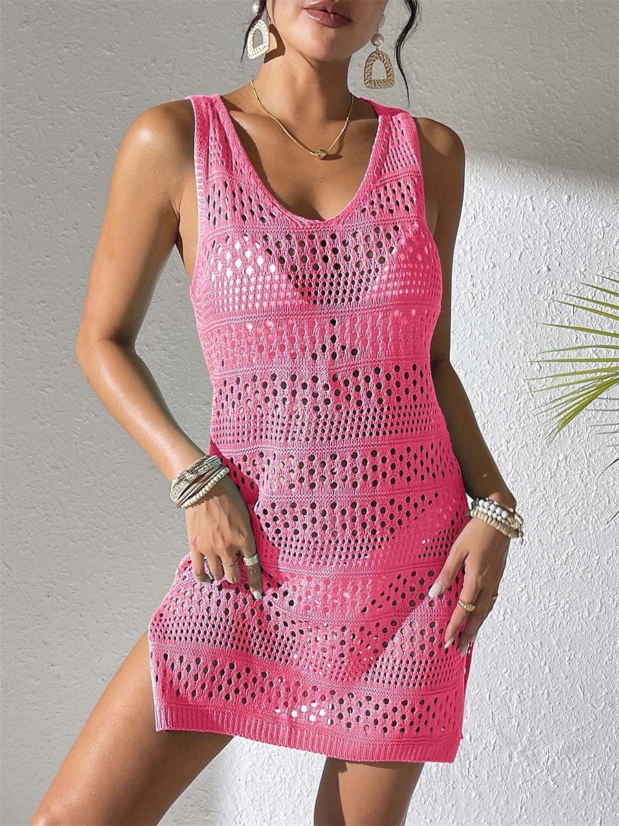 Robes de plage femme couvrant maillots de bain dénudé Vêtements de plage de vacances Couleur unie Col rond sans manches de 2025 ? $31.99 –P3