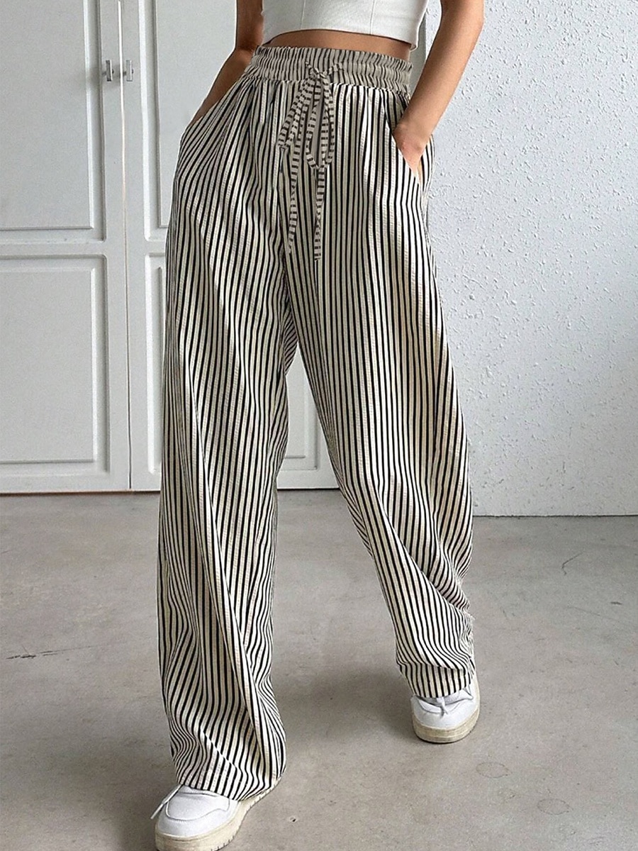 Femmes Joggings Chinos Mode Streetwear Longueur complète Taille haute Rayé Avec Poches Ceinture Élastique Confortable Doux Micro-Élastique Extérieur Rue Noir Printemps & Automne Coupe régulière de 2025 ? $24.99 –P2