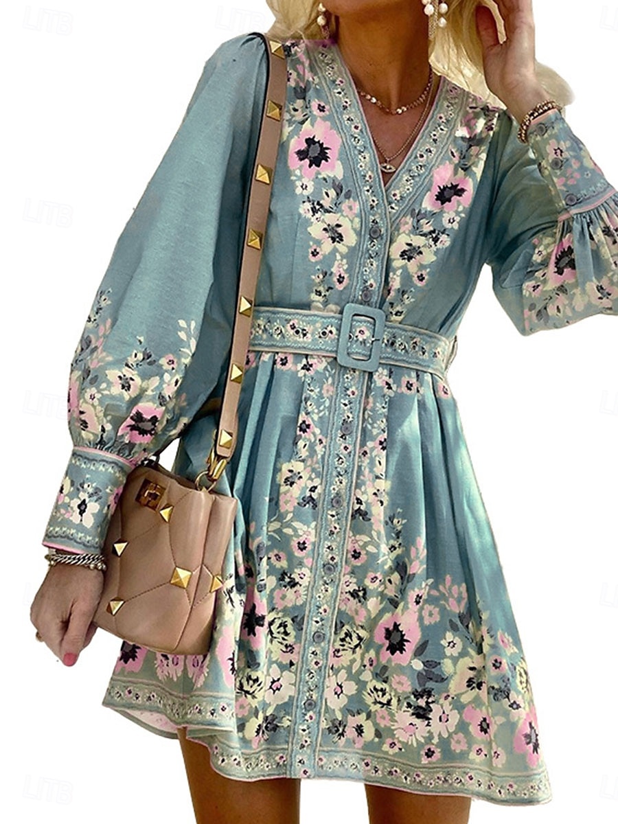 Mulheres Minivestido Vestido casual Vestidos Boho Chic Vestido Boho Elegante Boêmia Estilo bonito Férias Diário Praia Ajuste Largo Gráfico Manga Longa Decote V Verde Claro Azul Céu Roxo Primavera de 2025 por $41.99 –P4