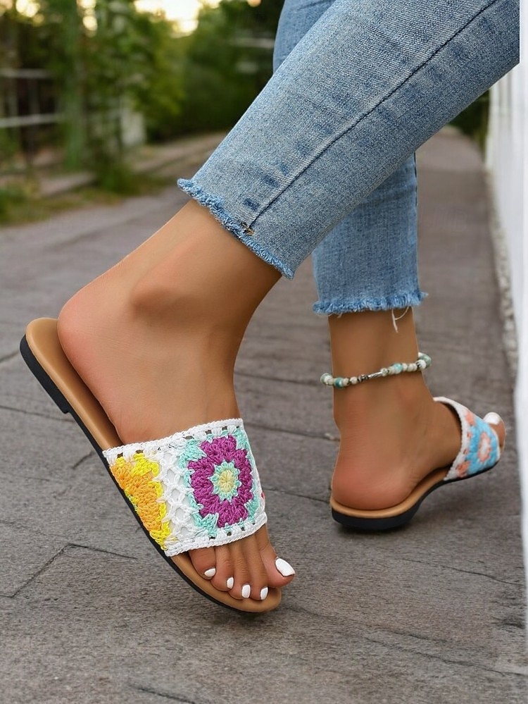 Handgewebte Häkel-Sandalen für Damen mit farbenfrohem Blumenmuster, Sommer-Flats im Boho-Stil für Strand, Urlaub und Freizeit 2025 - $19.99 –P1