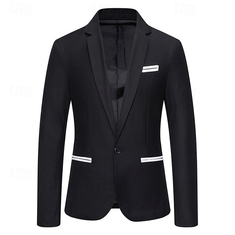 Herren Blazer Sakko Geschäft Cocktailparty Hochzeitsfeier Modisch Brautkleider schlicht Frühling & Herbst Baumwollmischung Farbblock Patchwork Knopf Komfortabel Einreihiger Verschluss Blazer Schwarz 2025 - $44.99 –P8