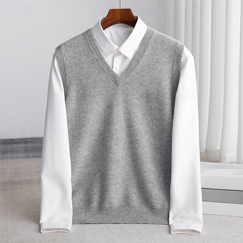 Voor heren Trui vest breien Effen Kleur V-hals Gebreid Elegant Buiten Huis Kleding Lente Herfst Rode Wijn Zwart S M L 2025 - $49.99 –P11