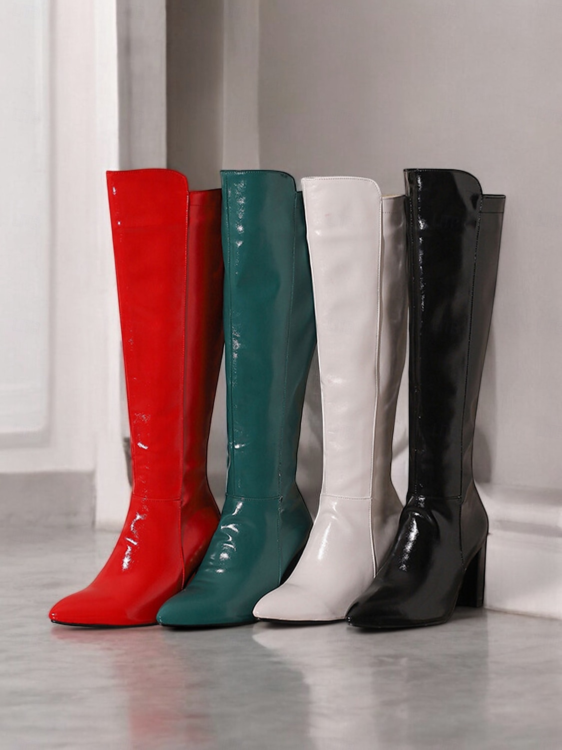 botas femininas pretas de couro envernizado até o joelho com saltos altos, design elegante para uso noturno moderno e ocasiões especiais de 2025 por $69.99 –P1