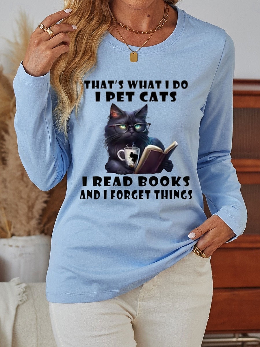 Damskie Podkoszulek Nadruk Kot Litera Codzienny Długi rękaw Okrągły dekolt Zwykłe topy Codzienny Weekend Niebieski Beżowy Szary Jesień Zima 2026 - $24.99 –P1