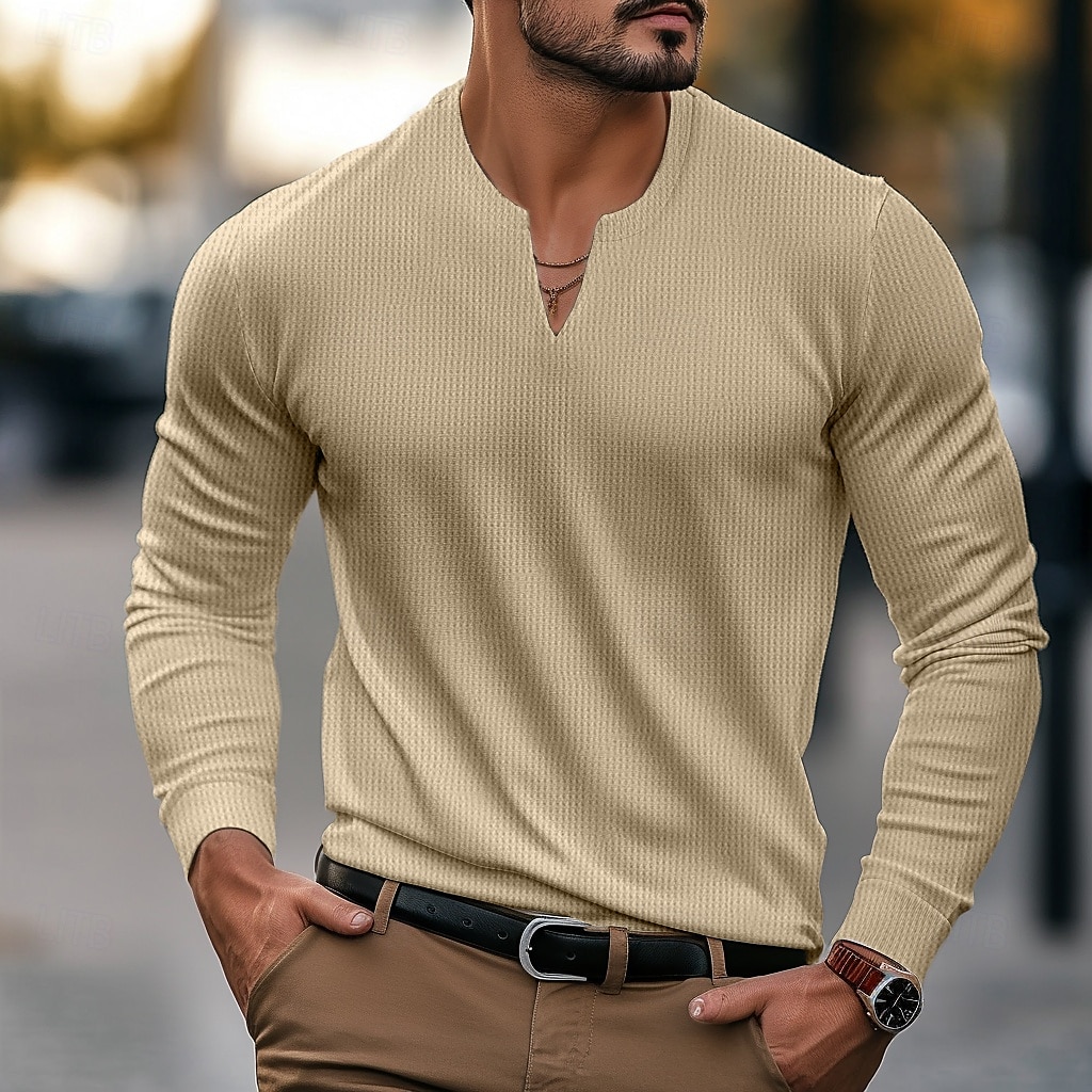 Herren Waffelhemd T Shirt T-Shirt Langarmshirt Langarm V Ausschnitt Frühling & Herbst Einfach Mode Designer Basic Klassicher Stil Urlaub Straße Ausgehen Schwarz Weiß Orange Top T-Shirt für Herren 2025 - $18.99 –P1