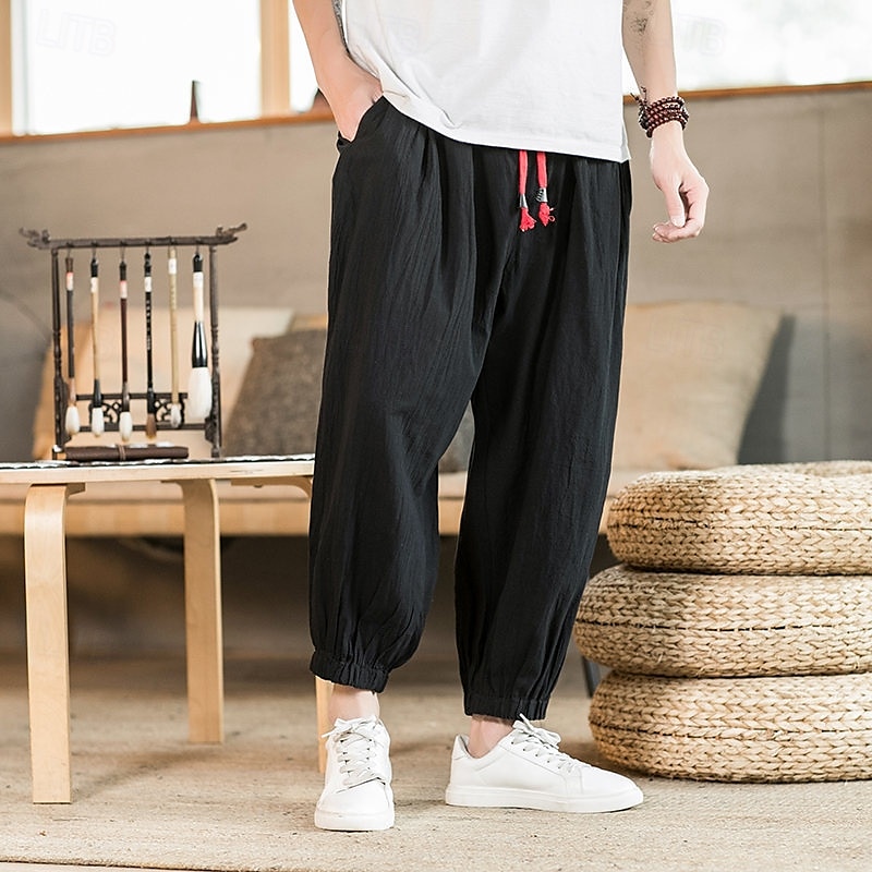 Herr Joggare Linne Byxor Långbyxor Säckiga byxor Harem byxor Ficka Snörning Elastisk midja Slät Komfort Andningsfunktion Fullängd Hem Ledigt Dagligen Sport Mode Svart Grön 2025 - $20.99 –P5