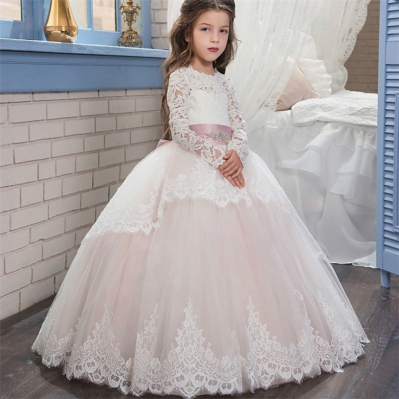 Blumenmädchenkleid Kinder Mädchen Prinzessinenkleid Leistung Hochzeit Party Elegant Schön Gitter Feste Farbe Langarm Rundhalsausschnitt Hellgelb Hellrosa 4 Jahre + 2025 - $78.99 –P2