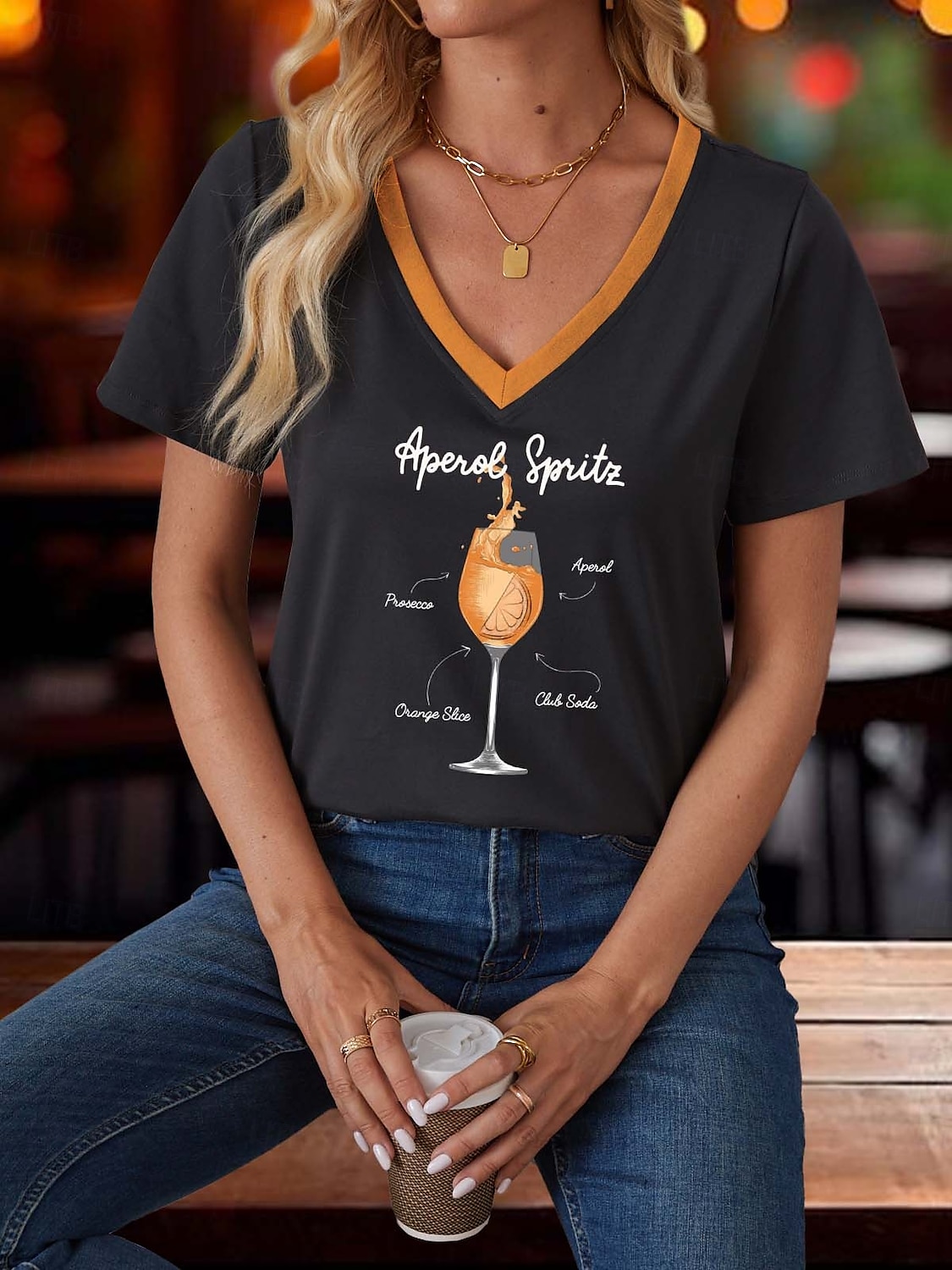 Femmes T-shirt Mode Manche Courte Col en V Hauts Réguliers Soirée Quotidien Sortir Noir Printemps & Automne Automne de 2025 ? $19.99 –P1