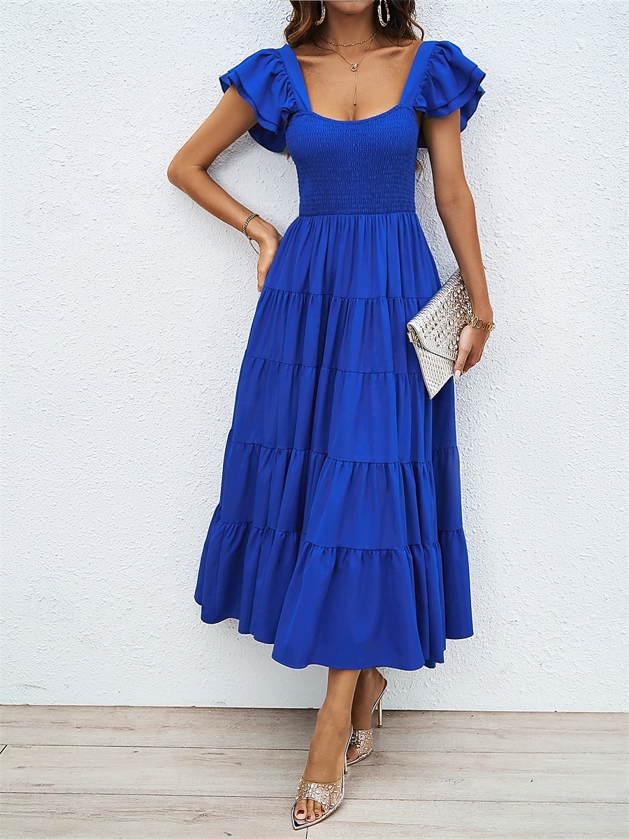 فستان نسائي متوسط الطول برقبة مربعة وأكمام قصيرة للصيف والربيع 2025 - $52.99 –P2