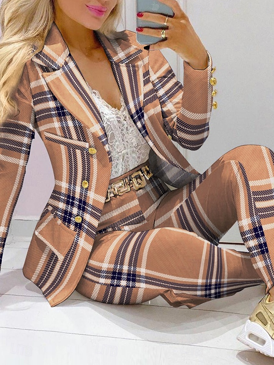 Dames Blazer Chinese Lange mouw Overhemdkraag Ruitjes Lapwerk Khaki Herfst Normale pasvorm 2025 - $37.99 –P1