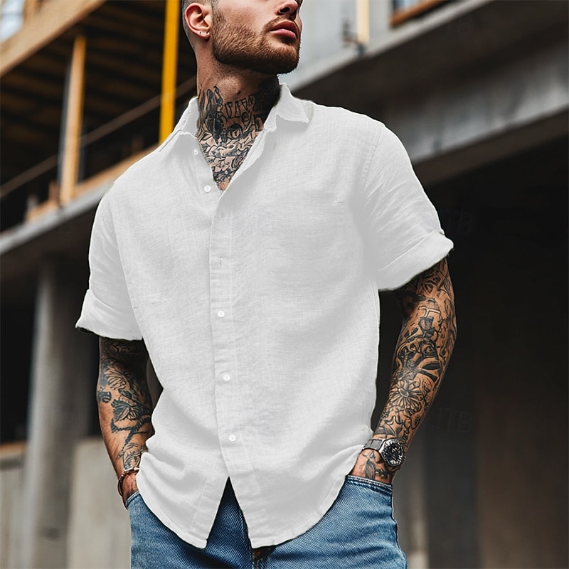 Cotone e lino Classico Per uomo Camicia camicia di lino Camicia estiva Camicia da spiaggia Camicia con bottoni Nero Bianco Blu Manica corta Liscio Collo ripiegabile Estate Da mare Per eventi del 2025 a $25.99 –P3