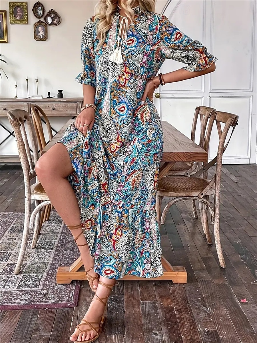 Women's Maxi Dress Casual Dress Boho Dress Cute Stylish Casual Vacation Daily Loose Fit Graphic 3/4 Length Sleeve V Neck Red Blue Orange Summer Spring Fall 2026 - $31.99 –P12