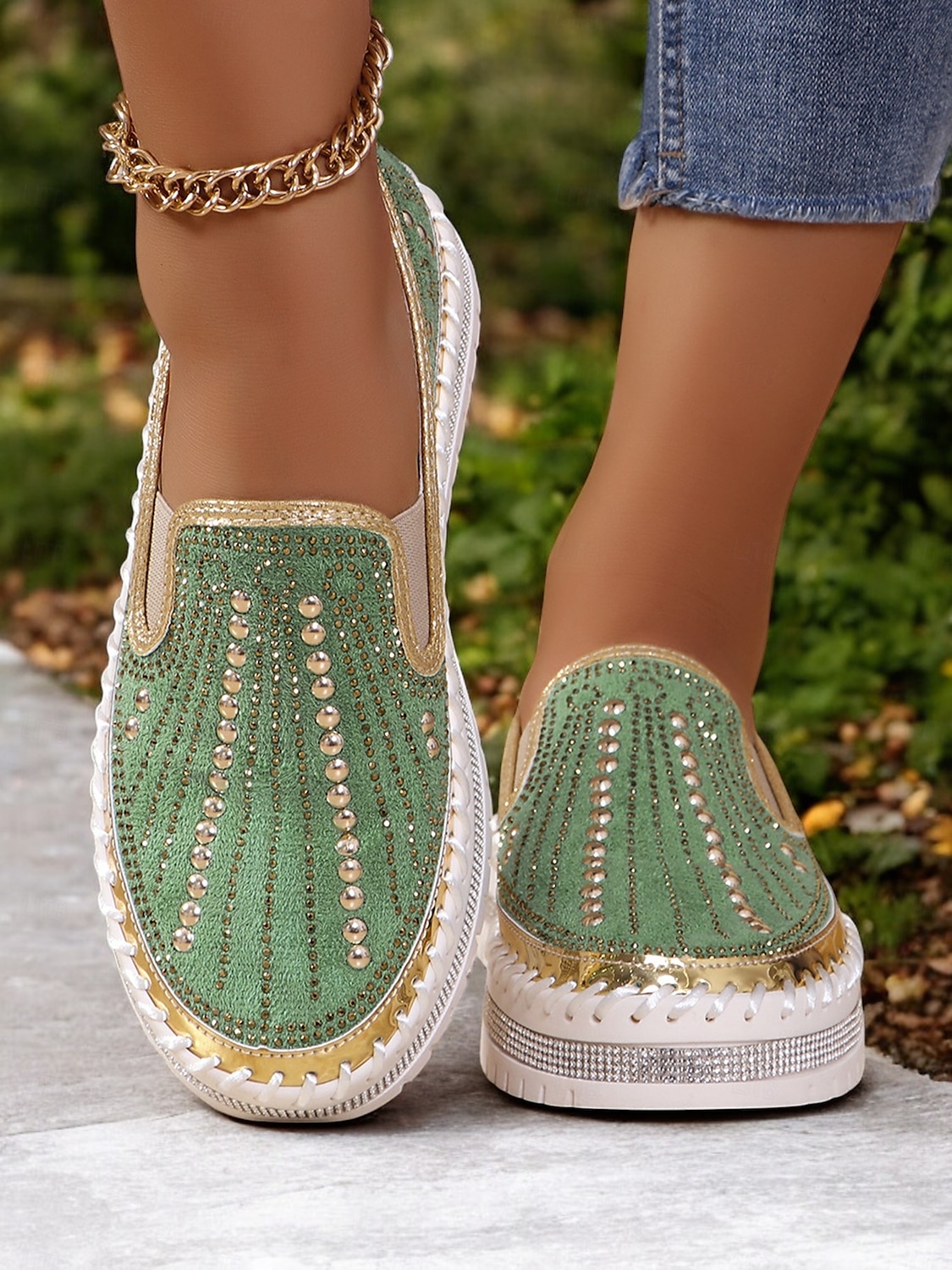 Grüne Slip-On-Sneakers mit Strasssteinen und dicker Sohle für Damen – glamouröse Freizeitschuhe für Partys und den Alltag 2025 - $42.99 –P7