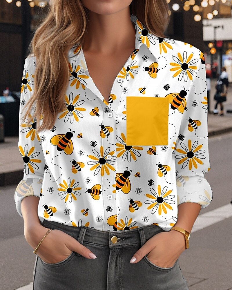 Women's Shirt Bee Modern Casual Long Sleeve Shirt Collar Regular Tops Work Daily Buttons Print Yellow Spring Fall 2025 - $32.99 –P1