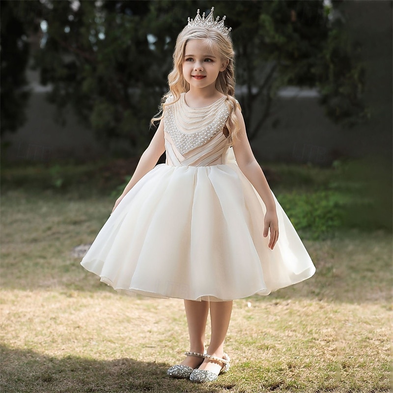 Robe de Demoiselle d'Honneur Fille enfants Fille Robe de princesse Utilisation Mariage Soirée Elégant Magnifique Maille Couleur unie Sans Manches Col Ras du Cou Blanche Champagne 4 ans et + de 2025 ? $38.99 –P12