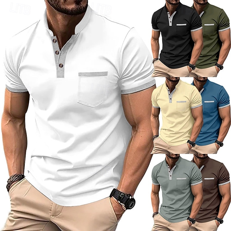 Men's Golf Shirt Golf Polos Shirts Work Casual Stand Collar Short Sleeve Basic Modern Color Block Patchwork Buttons Spring & Summer Regular Fit Black White Army Green Blue Brown khaki Golf Shirt 2025 - $17.99 –P1