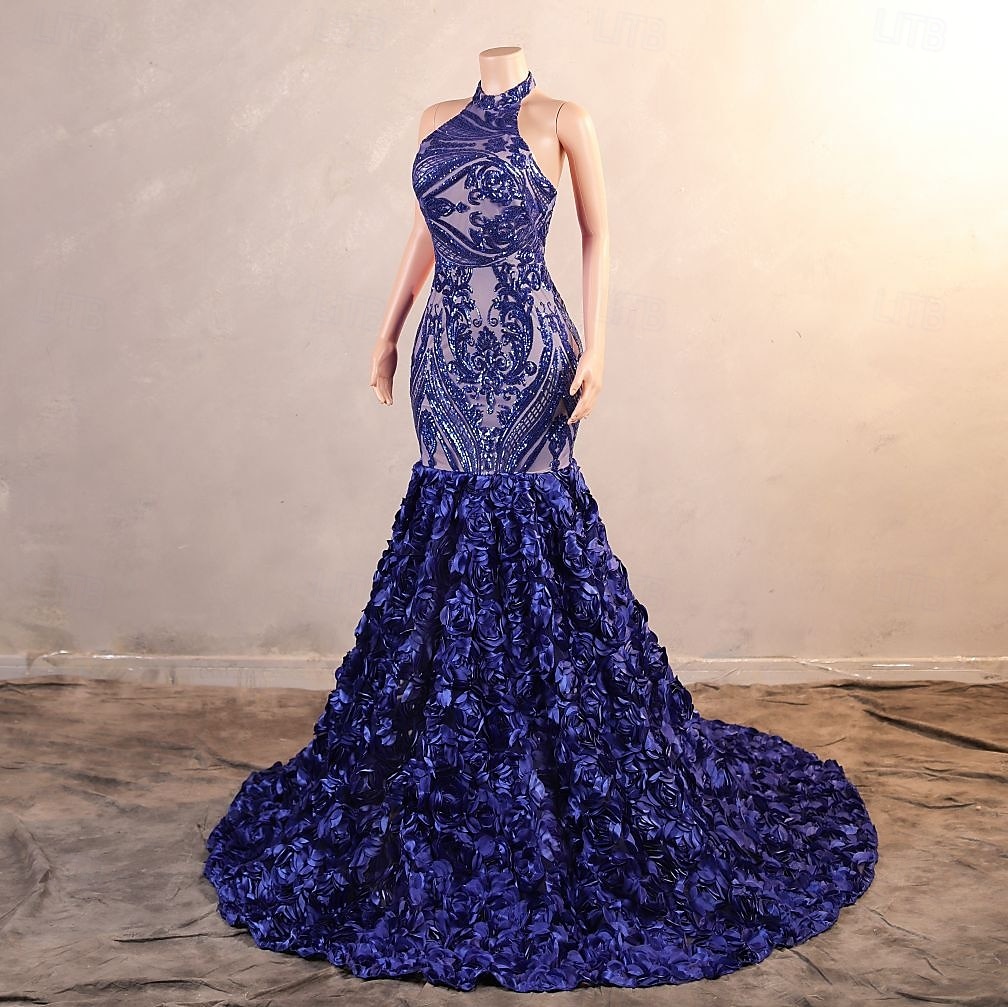 havfrue / trompet aftenkjole elegant kjole promenadekonsert bryllupsmottak domstol tog ermeløs halter neck afrikansk amerikansk paljett ryggløs med paljett 2025 2025 - $243.59 -P3