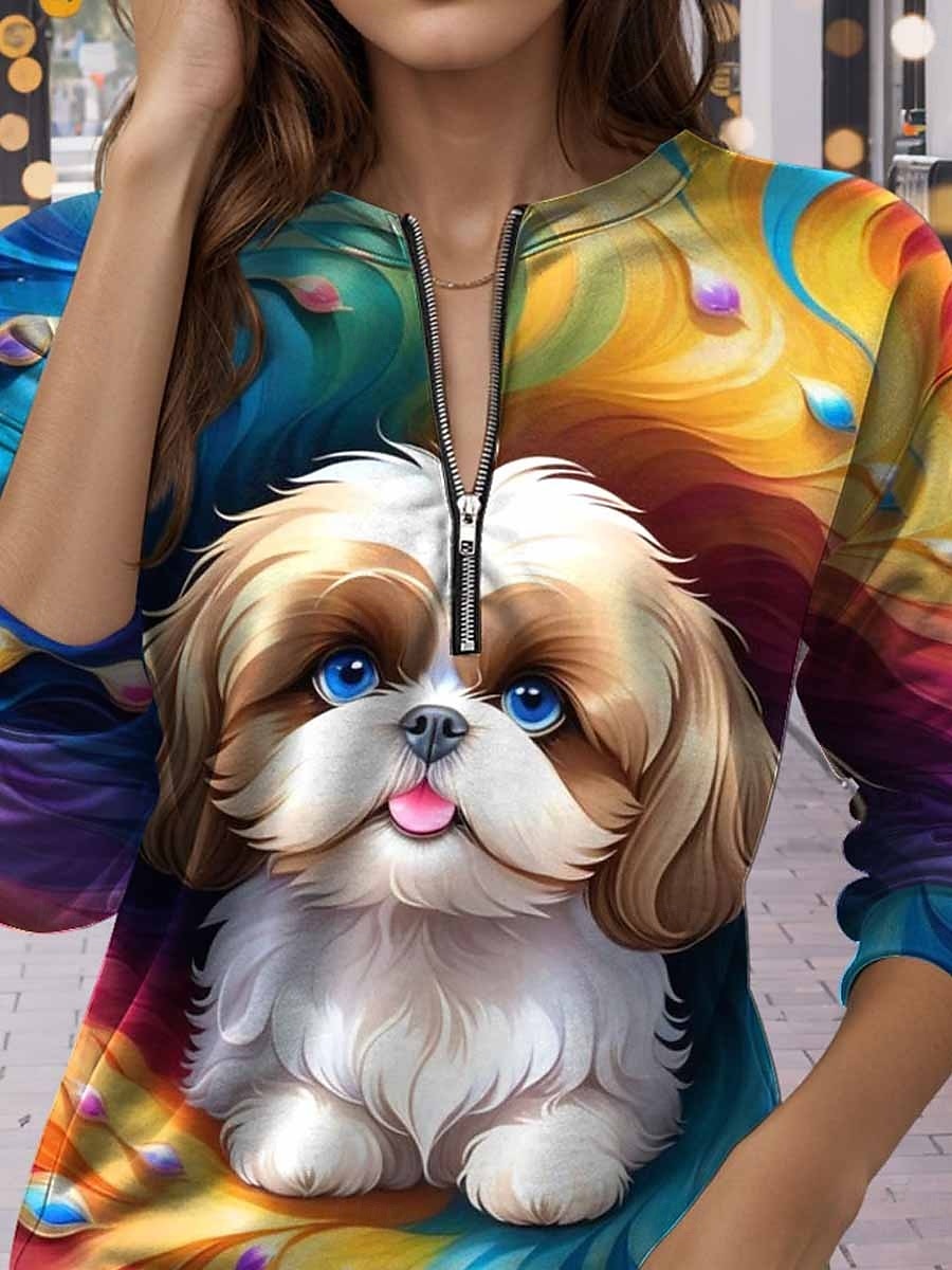 Pull à fermeture éclair quart pour femmes décontracté à manches longues col rond tops réguliers vêtements de rue port quotidien impression bleue automne hiver de 2025 ? $27.99 –P3