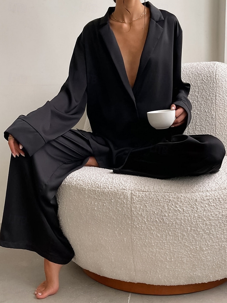 Pentru femei Set pijama Casual Confortabili Culoare pură Butonul sus Talie elastică Cămașă Pantaloni Casă Zilnic Manșon Lung Guler Cămașă Negru Trifoi Vară Primăvară Toamnă Fit regulat 2025 - $54.99 –P2