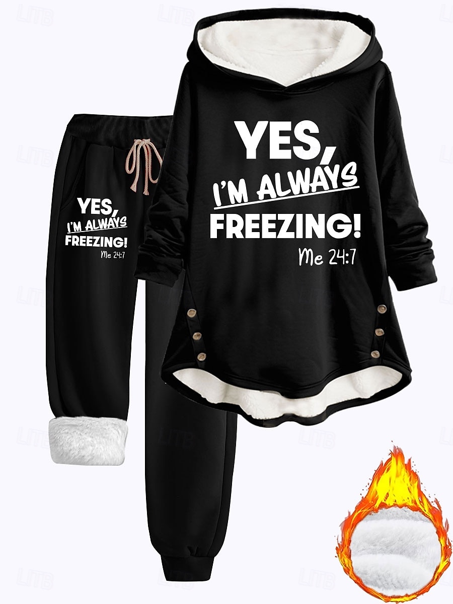 Kvinne 2 deler Loungewear Sett Hettegenser og Joggebukser Casual Kaldt Vær Frase Print med Fleece Fôr Koselig Passform Vinter 2025 - $49.99 –P3