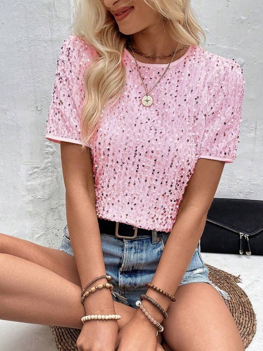 Dame Paljetter Glitrende Party Glimmer عادي Mote Moderne Fritid Kortermet Crew-hals Vanlige topper Daglig Helg Paljetter Svart Rosa Gull Sommer Vår 2025 - $32.99 –P5