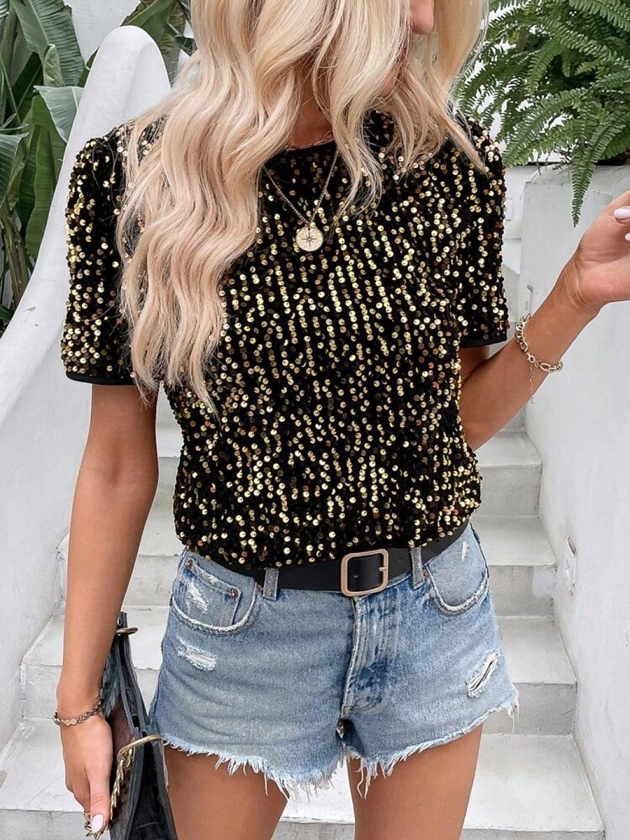 Dame Paljetter Glitrende Party Glimmer عادي Mote Moderne Fritid Kortermet Crew-hals Vanlige topper Daglig Helg Paljetter Svart Rosa Gull Sommer Vår 2025 - $32.99 –P9
