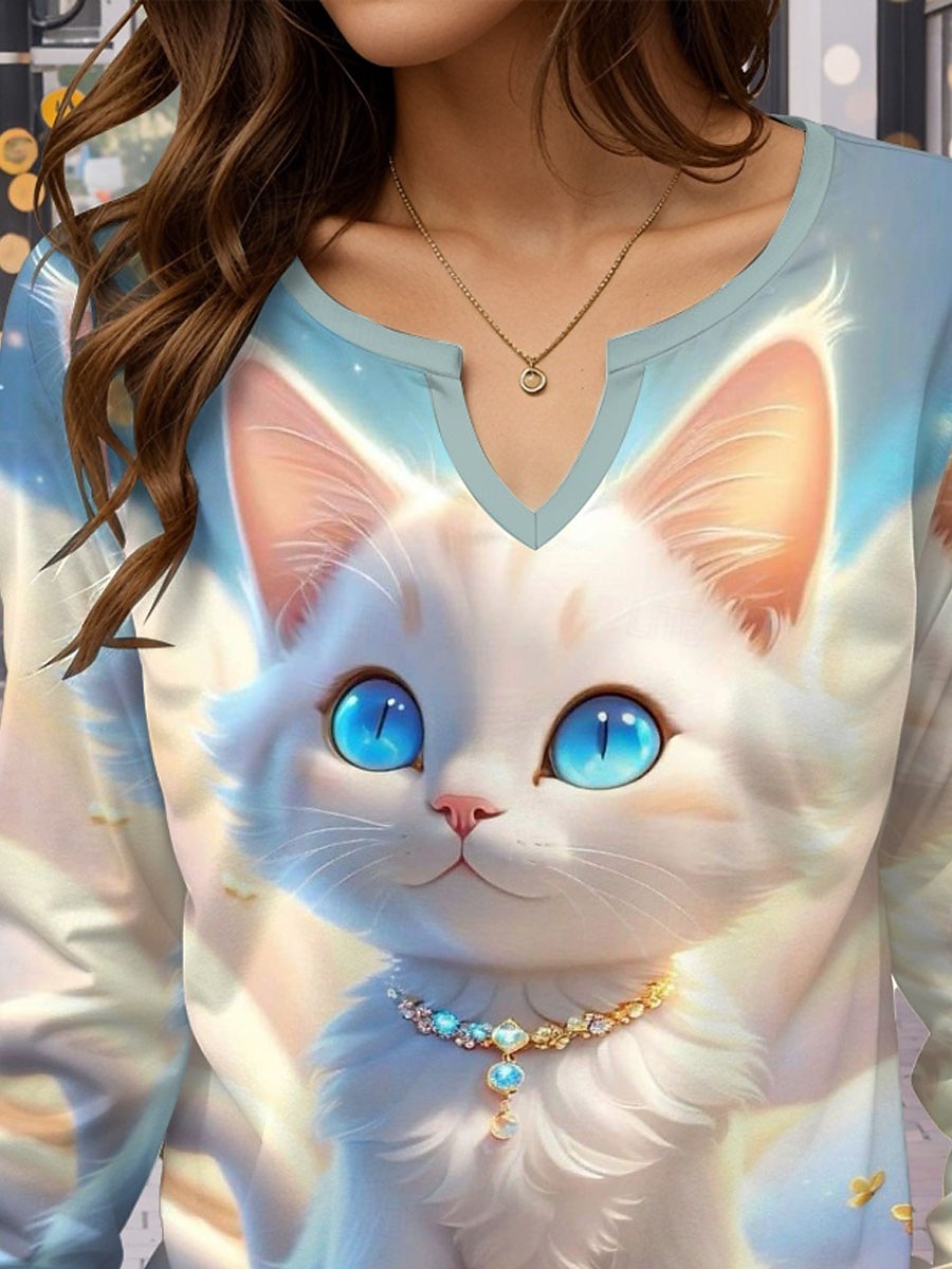 Femme T shirt Chat Décontractées manche longue Col cranté Hauts réguliers Vacances du quotidien Imprimer Bleu Printemps & Automne de 2025 ? $24.99 –P3