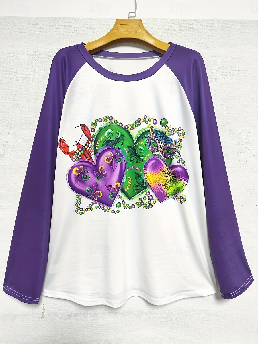 Mardi Gras Women's T Shirt Heart Casual Long Sleeve Crew Neck Long Tops Daily Print Purple Spring Fall 2025 - $27.99 –P3