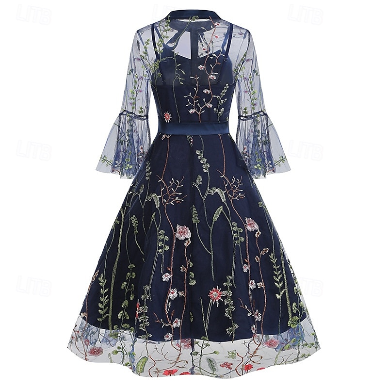 Elegantní Retro 50. léta Šaty Maškarní Výšivka Květiny Dámské Karneval Nový rok Plesová maškaráda Běžné / Denní loučení se svobodou nevěsty Dospělé Šaty 2025 - $48.99 –P16