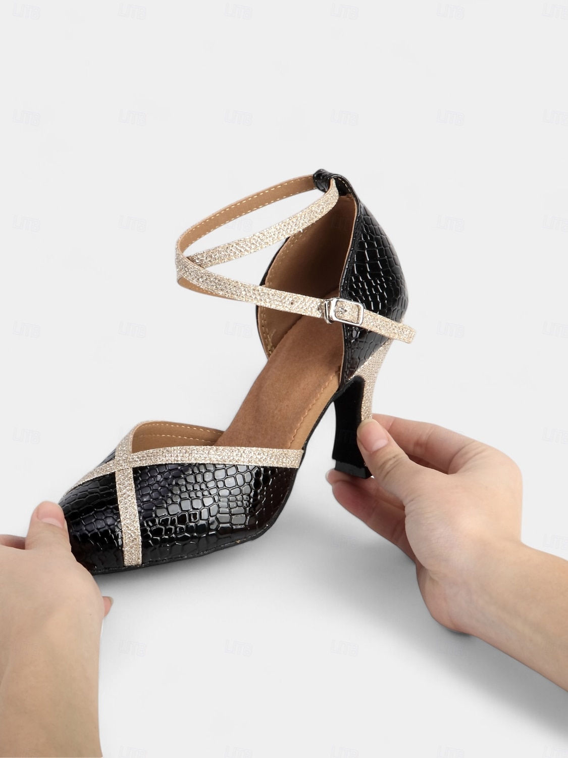 Black and Gold Crocodile Pattern Dance Shoes for Women with Glitter Strap and Mid Heel - Perfect for Ballroom and Latin Dancing 2025 - $46.99 –P1